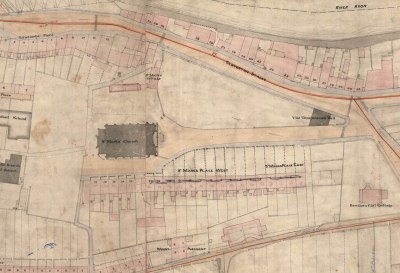 Part of the Cotterell Map of 1852-4 showing the southern terrace and the western access to the church. Reproduced by kind permission of Bath Record Office.